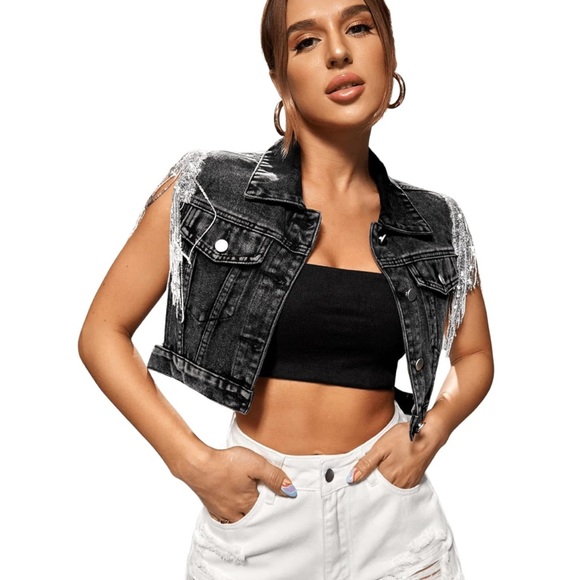 Women's Sequin Fringe Button Crop light black/dark grey Denim Sleeveless Vest - Picture 2 of 5
